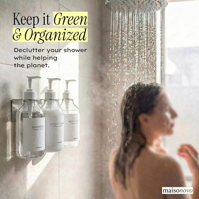 Shampoo and Conditioner Dispenser Wall Mounted Set of 2 Clear - No Drill Shower Soap Dispenser for Bathroom Refillable - Spa Hotel Style Accessories by MaisoNovo