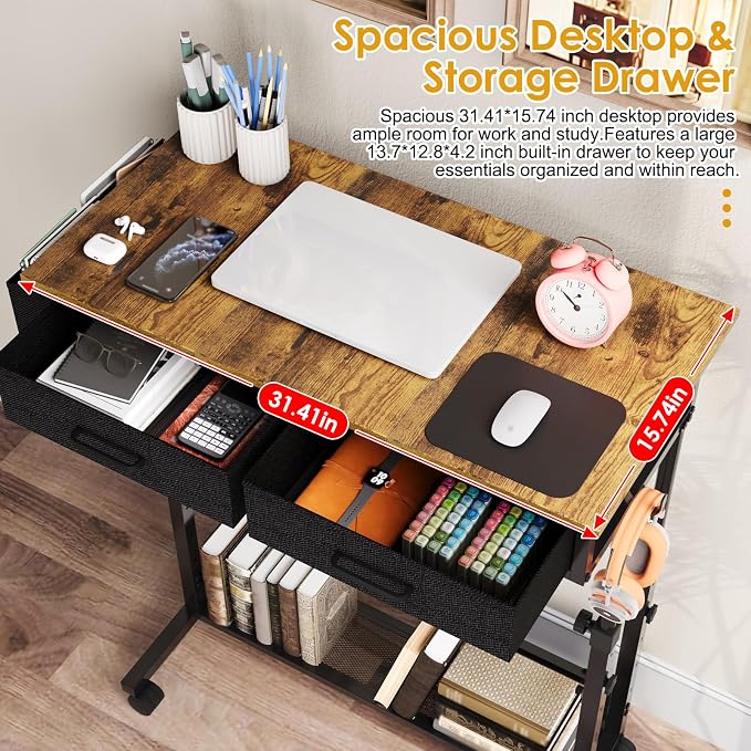 Small Rolling Standing Desk, Height Adjustable Mobile Sturdy Desk with 2 Fabric Drawers & Storage Shelf, Portable Sofa Side Laptop Table for Home Office, Small Spaces, 31.41"" x 15.74"", Rustic Brown