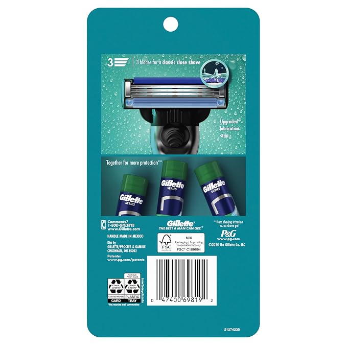 Gillette Mach3 Shaving Razor for Men, 1 Razor Gillette 3-Blade Handle for Men’s Grooming, 10 Razor Blade Refills, Lubrication Strip