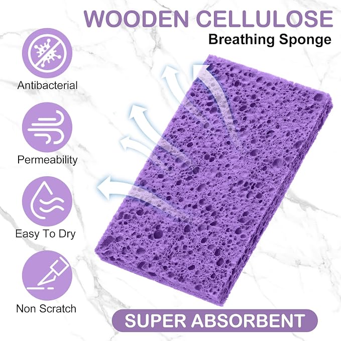 Zhengmy 100 Pieces Sponges Bulk Sponges Kitchen Compressed Sponge Natural Dish Sponge Compressed Wood Pulp Cleaning Without Scratching for Kitchen Bathroom, 3.9 x 2.4 x 0.12 Inch (Purple)