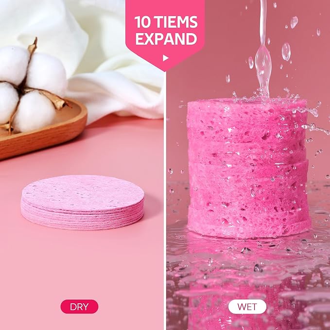 GAINWELL Gifts for MoM in Mothers Day, 50-Count Compressed Facial Sponge, Daily Facial Cleansing and Exfoliating, 100％ Natural Cosmetic Spa Sponges for Makeup Remover, Reusable, Pink