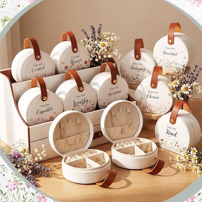 Kacctyen 12 Pieces Travel Wildflower Jewelry Case Bulk Mothers Day Church Gifts Mini Leather Bridesmaid Jewelry Gift Box Wildflower You Are Amazing Loved Party Favor for Secretary Leather Travel Case