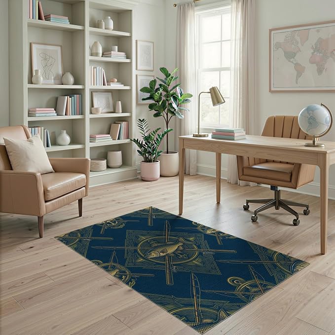 4'x6' Washable Area Rug Bass Nautical Wildlife Icons Lure Tackle Motif Border Fish Fishing Refined Pet Friendly & Non-Slip for Playroom, Bedroom, Reading Nook