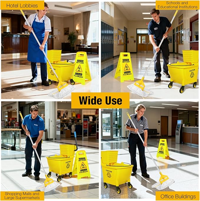 35Qt Commercial Mop Bucket with Side Press Wringer on Wheels Yellow | Including Wet Floor Caution Sign and Heavy-Duty Industrial Mop Set for Home/Business Floor Cleaning/Mopping