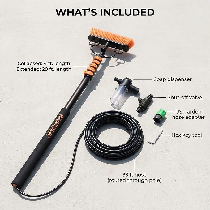 Briliantwerk Solar Panel Cleaning Brush with 20 ft Extension Pole – Water Fed Pole Brush with Soap Dispenser for Solar Panels, Windows & Siding – Heavy Duty, Streak-Free Solar Cleaning Kit