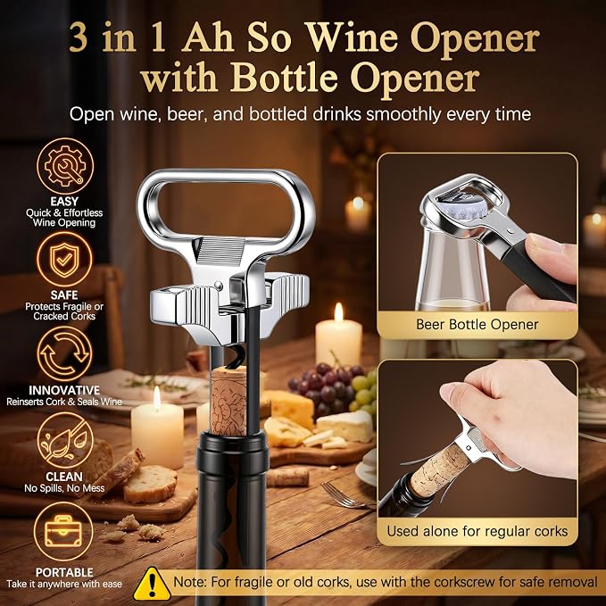 Ah So Wine Opener with Wine Stoppers, Two-Prong Cork Puller for Fragile and Damaged Corks, 2 Pack Stainless Steel Bottle Stopper with Silicone Seal