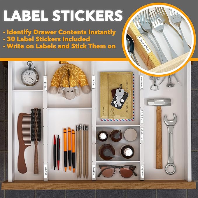 SpaceAid Bamboo Drawer Dividers with Inserts and Labels, Kitchen Adjustable Drawer Organizers, Expandable Organization for Home, Office, Dressers, 4 Dividers with 9 Inserts (17"-22" White)