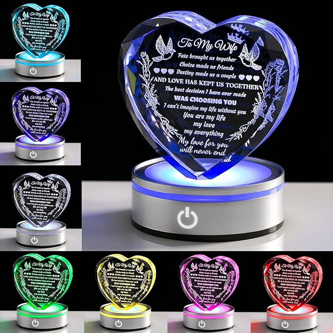 Gifts for Wife Crystal with Colorful LED Base, Anniversary Birthday Gifts for Women, I Love You Gifts for Her Wife Birthday Gift Ideas, Crystal Keepsakes Romantic Gifts for Valentine's Day