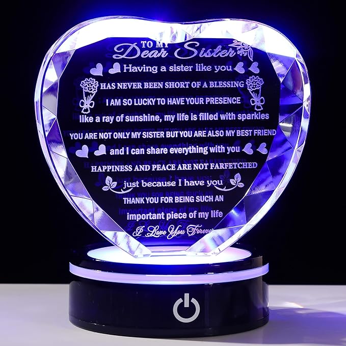 YWHL Sister Birthday Gifts with Colorful LED Base Crystal Heart to My Sister Gifts from Sisters Brother Meaningful Gift for Sisters on Christmas Valentine Day Mothers Day