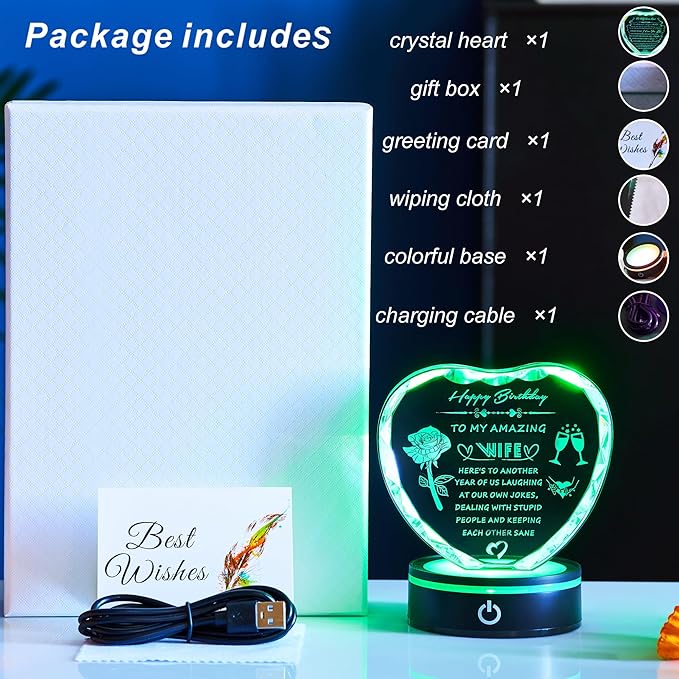 Birthday Gifts for Wife, Romantic Heart Shaped Crystal Night Light with LED Base, Wife Birthday Gift from Husband, Crystal Style Keepsake Plaque, Anniversary Valentine Christmas Gift for Her