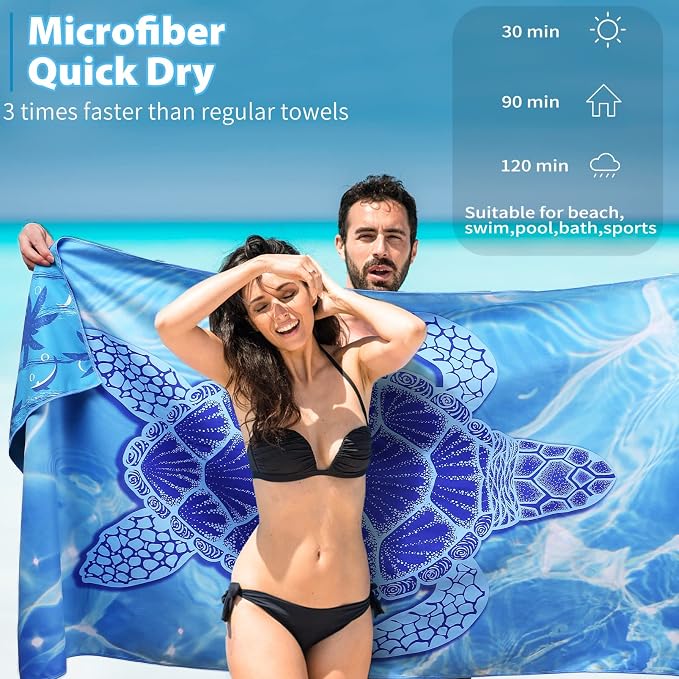 TwoYek Microfiber Beach Towel Extra Large 71x32 inches Blue Turtle Print | Thin & Lightweight, Oversized Sand Free Quick Dry Towels for Travel Pool Camping Sports Accessories Vacation Essentials Gift