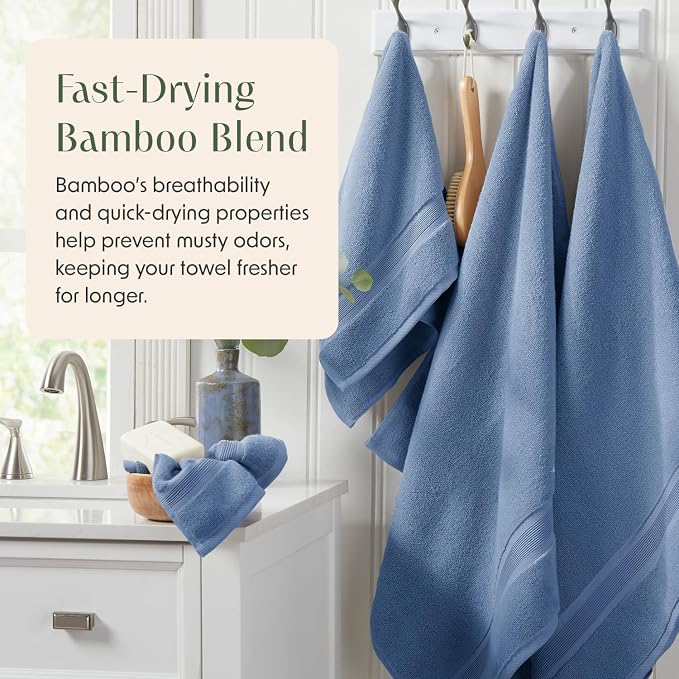 Springtree Home Luxury Bamboo Rayon Plush Bath Towel Set | 4-Pack | Blue | 35% Bamboo Rayon - 65% Zero Twist Cotton | Absorbent Quick-Dry Towels for Bathroom | Ultra Soft | OEKO-TEX Standard 100