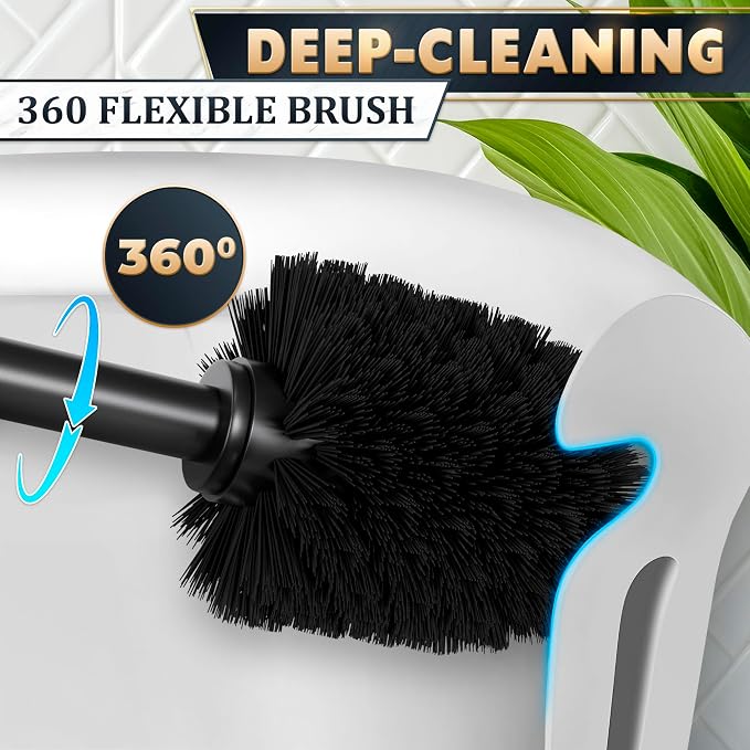 Black Toilet Brush and Holder Set - Slim Matte Design that Fits Anywhere - Stainless Steel Toilet Bowl Brush and Holder with 2 Rounded Corners, Replaceable Head, Removable Inner Bowl & Splash Guard