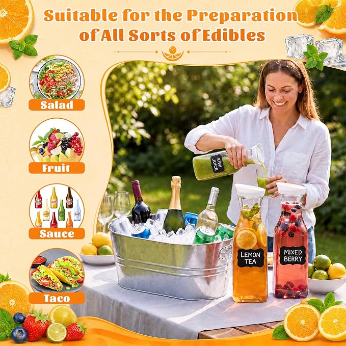 10 Pcs Ice Buckets Party Set for Mimosa Bar Wedding BBQ | Include 3 Gallon Galvanized Beverage Tub, 50oz Plastic Carafes with Lids, Ice Scoops Blackboard Sticker, Bottle Opener