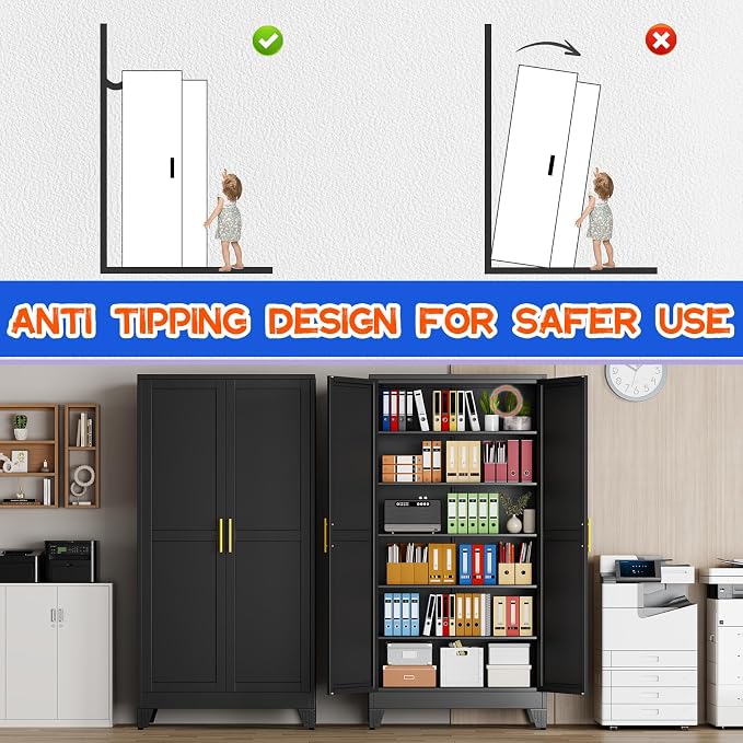 GAIOUS 79" Tall New Update Kitchen Pantry Cabinet, Metal Storage Cabinet | with 2 Doors and 5 Adjustable Shelves, Steel Cupboard for Kitchen Dining Bathroom Bedroom, Black, Freestanding, Wider Deeper