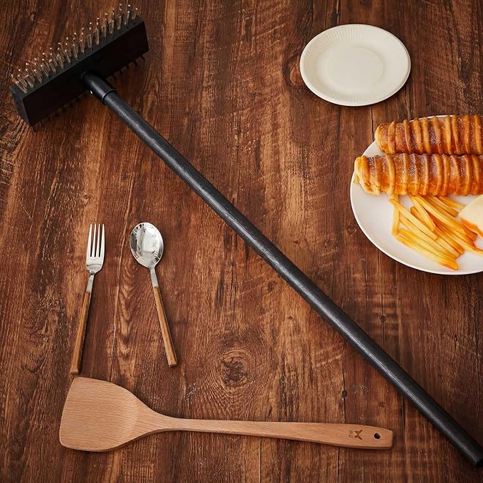 2 Pcs Black Stainless Steel Grill Brush Grill Scraper with 30'' Long Wooden Handle for Commercial Cleaning Kitchens Restaurants Bathrooms