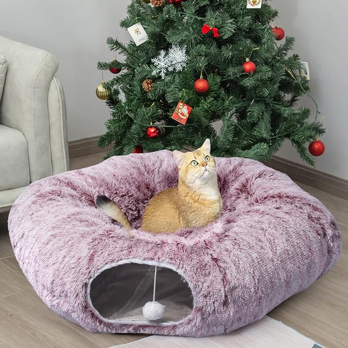 AUOON Plush Cat Tunnel Bed for Indoor Cats, 36"L x 36"W x 11.5"H, Rosiness | 2 in-1 Interactive Cat Toy, with Hanging Ball Toy, Machine Washable Center Pad, for Kitten Puppy Rabbit Ferret
