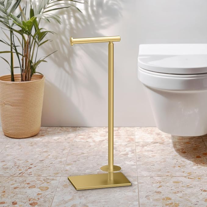 Gatco 1443B, Modern Rectangle Base Freestanding Toilet Paper Holder with Storage, 21.13”H, Brushed Brass