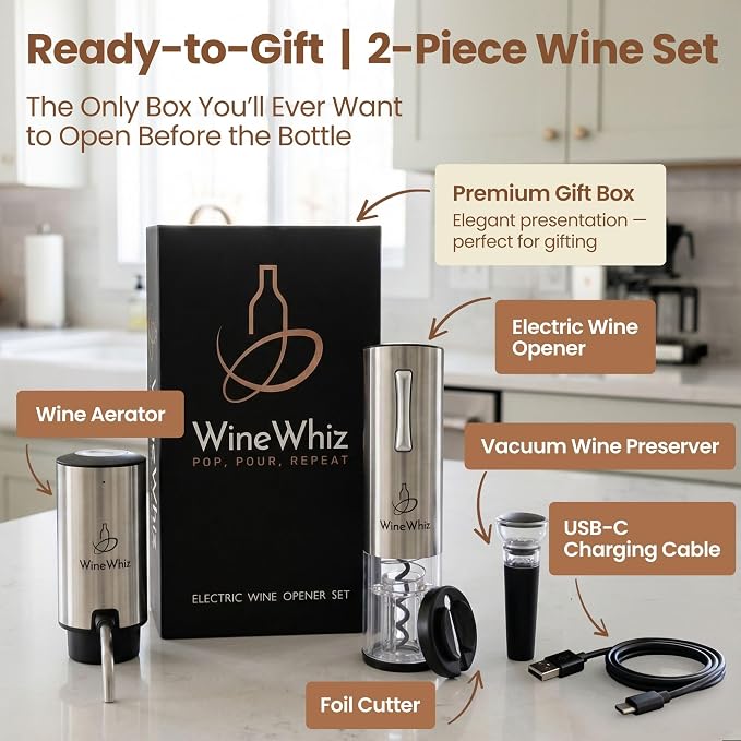 Electric Wine Aerator & Opener Set with Accessories, Rechargeable Automatic Corkscrew, Aerator, Dispenser, Foil Cutter Tool, Stopper, Wine Lovers Gift for Housewarming, Birthday, Registry, Anniversary