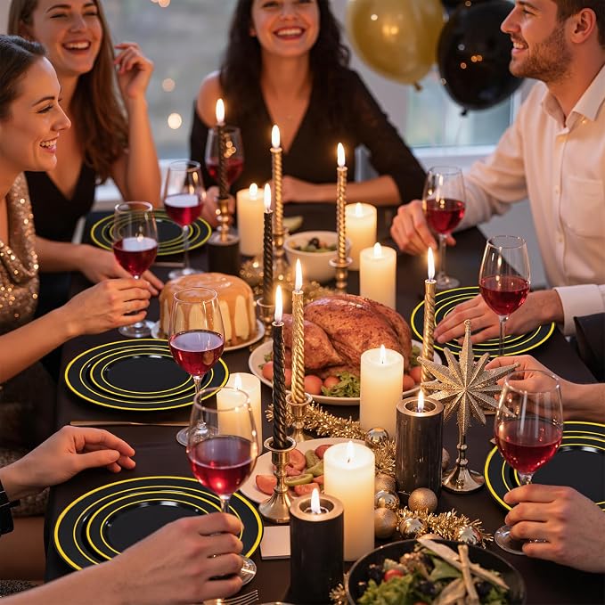 350 Pieces Black and Gold Plastic Plates with Disposable Silverware, Include 50 Dinner Plates 9”, 50 Dessert Plates 6.3”, 50 Black Cups 9 OZ, 50 Pre Rolled Napkins for New Year (Pack of 2)