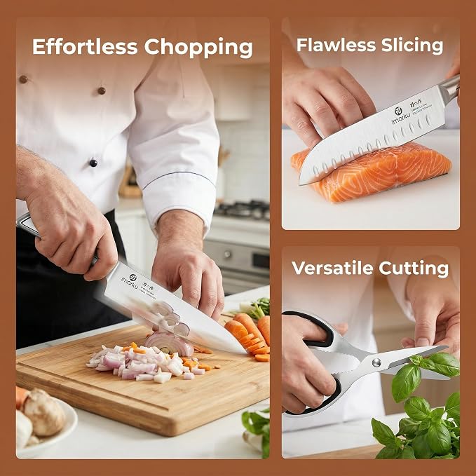 imarku High Carbon Stainless Steel Gyutou Knife Set with Block, Precision-Forged Razor Sharp 10–15° Edge, Ergonomic Non-Slip Handle, Built-in Sharpener, Brown, Best Gift Choice, Cooking Enthusiasts