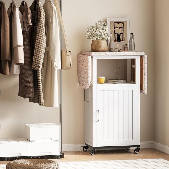 Rolling Ironing Board with Storage Cabinet, Folding Ironing Board, White | Small Ironing Board Cabinet with Wheels, Wooden Fold Down Ironing Station with Heat-Resistant Sponge for Small Space