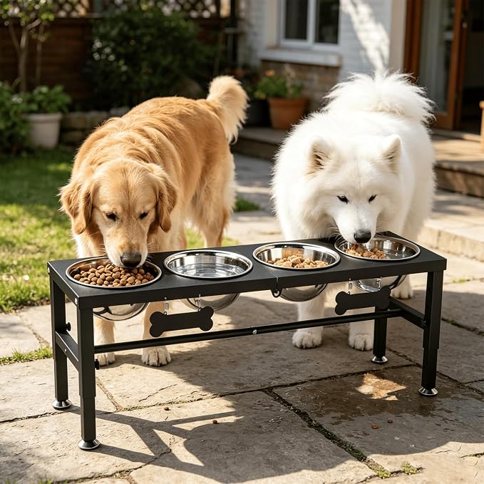 SHAINFUN Adjustable Height Dog Bowl Stand with 4 Bowls for Multi-Dog Homes– Elevated Dog Bowls for Large Breeds with Anti-Slip Mat, Raised Feeding Station with Stainless Steel Bowls