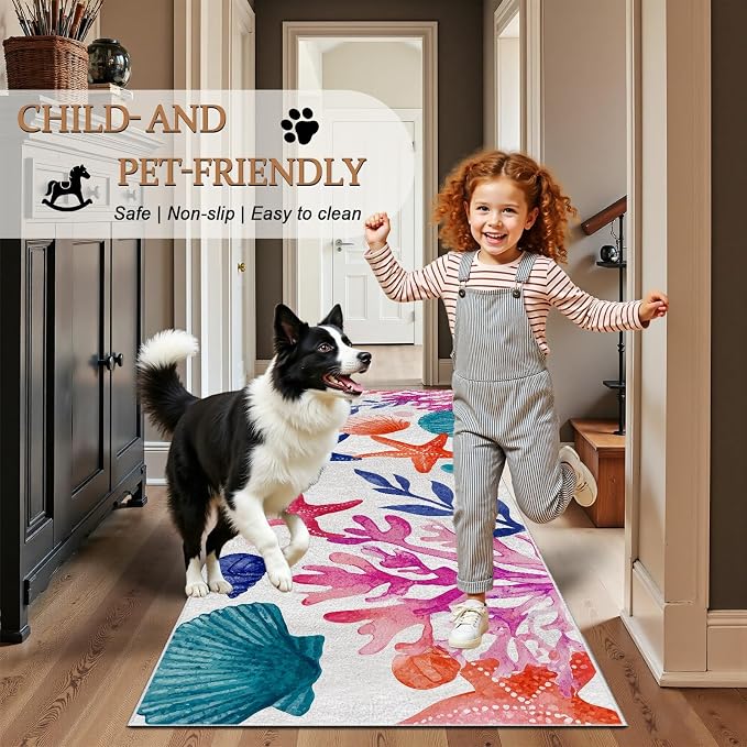 Coastal Seaside Washable Runner Rug 2.6x7 - Watercolor Ocean Entryway Rug, Ultra-Thin Kitchen Rugs, Starfish Scallop Coral Anti Slip Runner Rugs for Entrance Laundry Room Corridor Bedroom