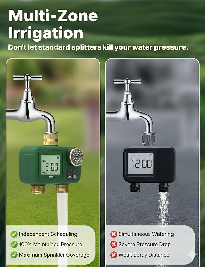 MOES 2 Zone Water Timer for Garden Hose, 3/4 in Brass Inlet and Outlets, Battery Operated Sprinkler Timer, Dual Outlet Faucet Valve, Rain Delay, Manual Watering, Non-WiFi