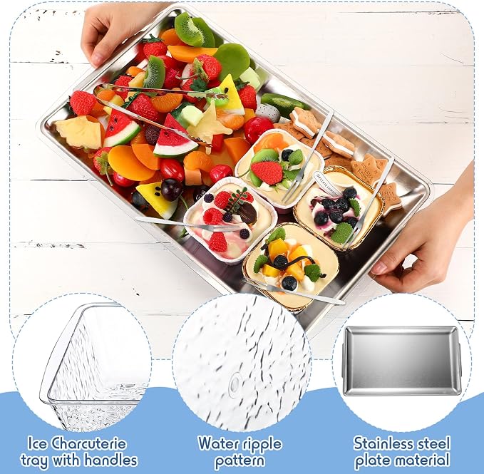 4 Set 16 x 9.45 Chilled Serving Tray for Parties with Compartments Ice Chilled Party Platter Charcuterie Serving Board with Forks Tongs for Fruit Seafood Vegetable Appetizer (Silver)