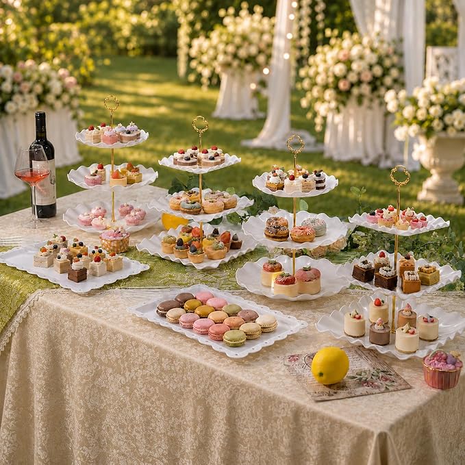 Dessert Table Display Set 13PCS, 3-Tier Cupcake Stand Set with Metal Gold Rods, 3 Round & 3 Square Dessert Stands, 4 Serving Trays & 3 Tongs for Wedding Birthday Baby Shower Party Decor