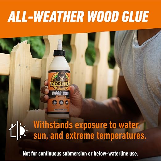 Gorilla Ultimate Waterproof Wood Glue, Natural Wood Color, 18 Ounce (Pack of 2) - Waterproof for Indoor or Outdoor Projects and Repairs