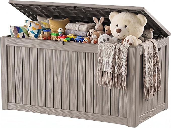 Outdoor Storage Box, 360 Gallon Waterproof Resin Deck Box with Support Rod | UV Resistant Lockable Package Delivery Bin, Shoe, Patio & Garden Tools Storage, Toy Cabinet, Ottoman, Indoor/Outdoor