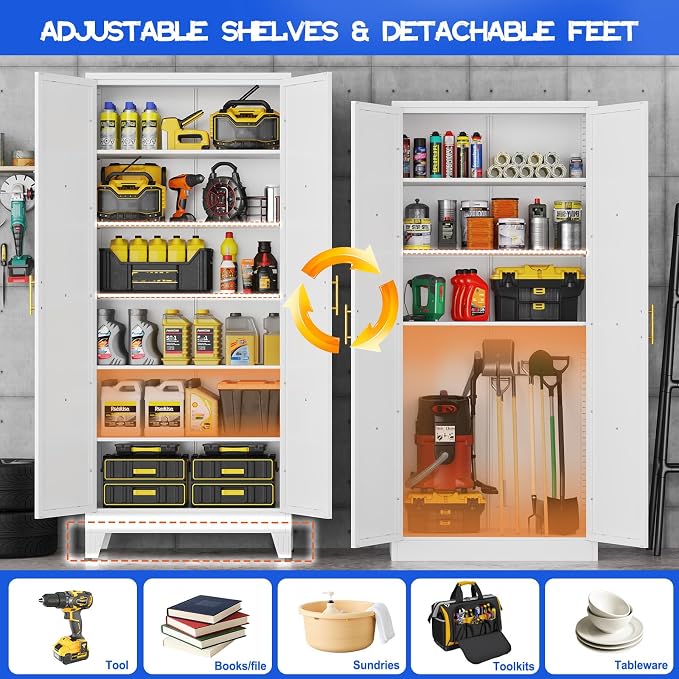 GAIOUS 74.8" Tall Kitchen Pantry Cabinet, Metal File Storage Cabinet White | Steel Office Cabinet, Freestanding Cupboard with 2 Doors and 5 Adjustable Shelves, Bathroom Kitchen Home Garage Tool Cabinet
