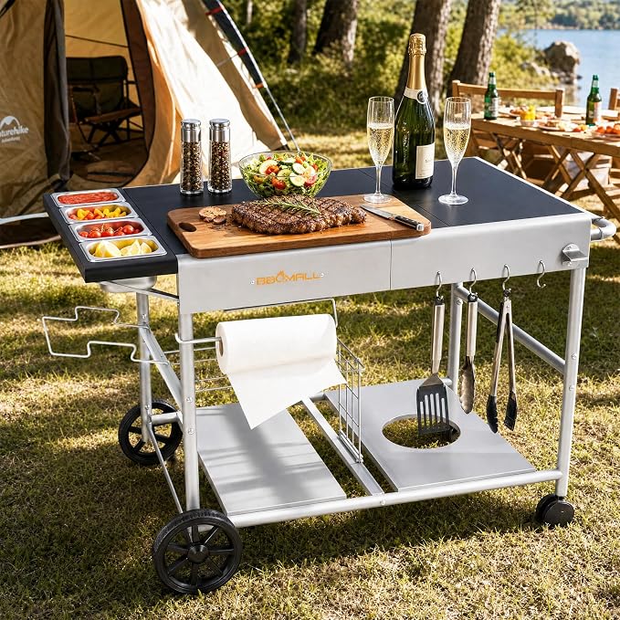 Pizza Oven Table Grill Cart for Ninja Woodfire, Blackstone Griddle, Ooni | 51'' Outdoor Pizza Oven Stand with Seasoning Tray for Outdoor Cooking, BBQ Prep Station, Easy Assembly 30048