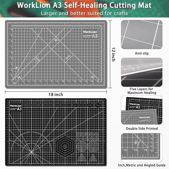 Self Healing Cutting Mat: 12''x18'' Double Sided Craft Cutting Mat for Sewing, Fabric, Quilting - 5-Ply Slip-Resistant Hobby Cutting Board for DIY Projects (Grey/Black)