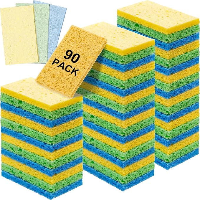 Zhengmy 90 Pieces Sponges Bulk Sponges Kitchen Compressed Sponge Natural Dish Sponge Compressed Wood Pulp Cleaning Without Scratching for Kitchen Bathroom, 3.9 x 2.4 x 0.12 Inch (Light Color)