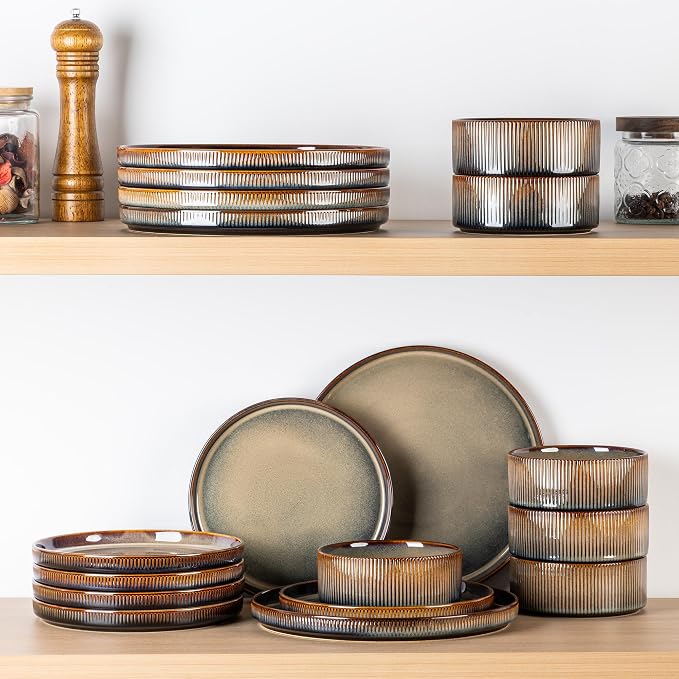 TheTerra Ceramic Dinnerware Sets for 4, 12 Pieces Porcelain Lightweight Plates and Bowls Sets, Scratch Resistant Dish Set, Oven & Microwave & Dishwasher Safe, Brown