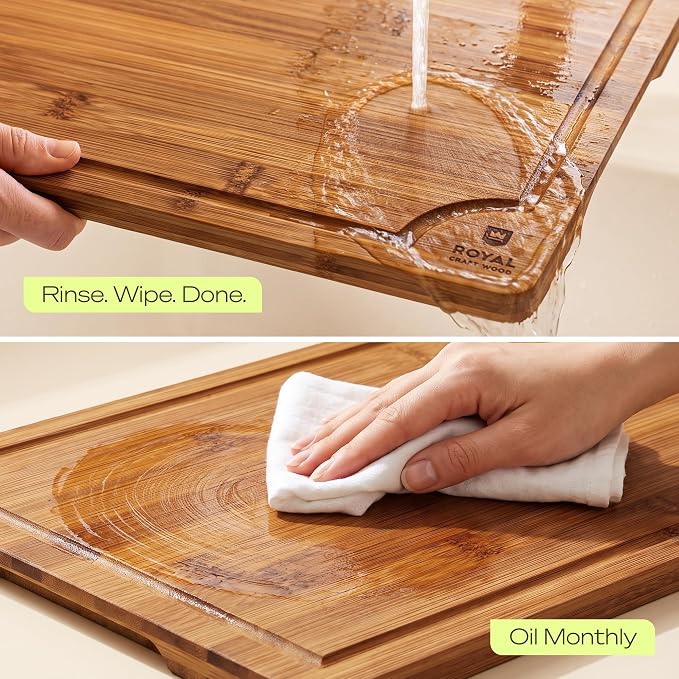 ROYAL CRAFT WOOD Wooden Cutting Boards for Kitchen Meal Prep & Serving - Bamboo Non Toxic Cutting Board Set with Deep Juice Groove Side Handles - Charcuterie & Chopping Butcher Block for Meat (2 Pcs)