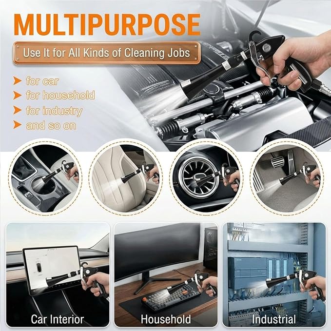 Tornado Car Cleaning Gun with 2 Set Nozzle, Air Blower Gun for Car Detailing with Brush, High Pressure Dry Cleaning Gun Quickly Blasts Dust & Dirt Works with Air Compressor