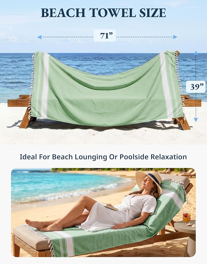 LANE LINEN Turkish Beach Towels, Super Absorbent, Travel Towel - Jade Green | 2 Pack Extra Large Beach Towel - Pre-Washed for Soft Feel - 39"x71", Vacation Essential - Machine Washable, Travel & Camping