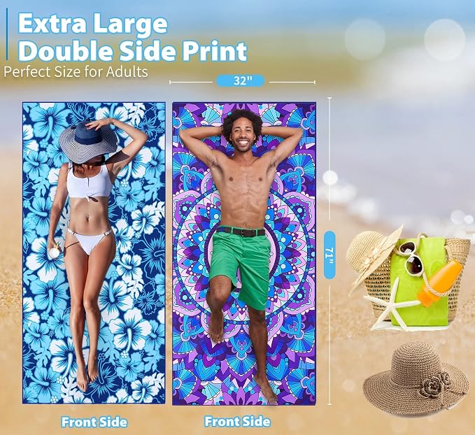 Microfiber Beach Towel Extra Large 71x32 Floral Mandala 2 Pack