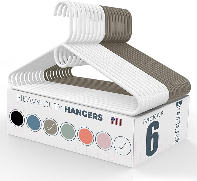 Heavy Duty Clothes Hangers 6 Pack – Made in the USA – 8lb Capacity Plastic Hangers for Adult Clothing – Durable for Pants, Coats, Jackets, or Jeans – White & Gray
