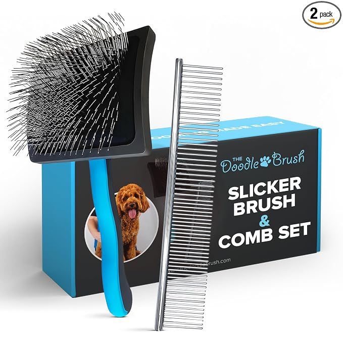 The Doodle Brush Grooming Kit, Slicker Dog Brush and Finishing Comb Set, Detangler & Dematting Grooming Tools for Dogs, Extra Long Pin Slicker & Metal Comb for Goldendoodle, Cockapoo, Cavapoo, Poodle