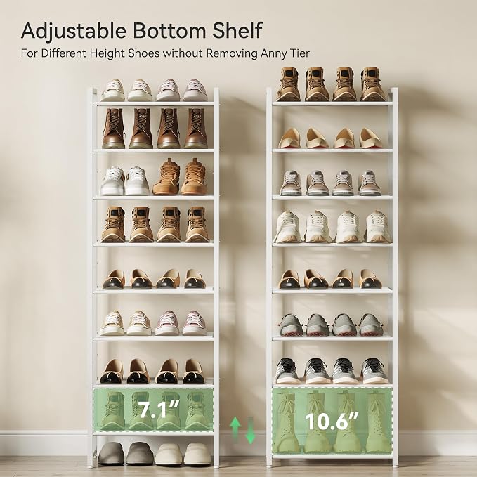 Nunsino Narrow Shoe Rack, 8-Tier Metal Shoe Organizer,Tall Shoe Shelf with Anti-Tip Strap, Max Holds 18 Pairs,Space Saving for Closet,Entryway,White