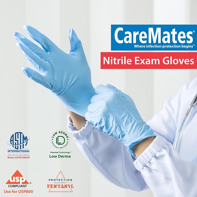 CareMates Nitrile Medical Exam Gloves, Latex Free Rubber, Powder Free, Extra Strong, 4 Mil Thick, Certified for Home Infusion, First Aid, Food Safe, Cleaning Gloves, Large, 100-Count