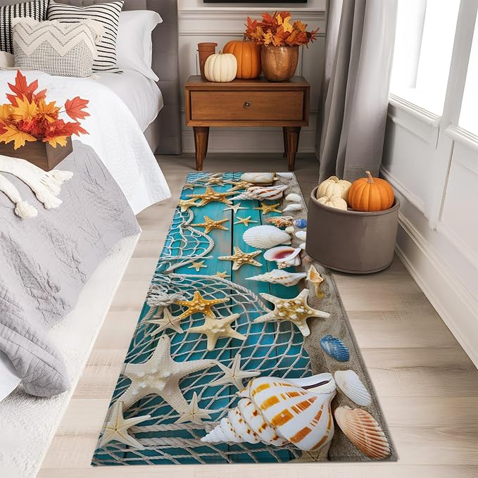 Kitchen Runner Rug 2 x 6 Ft, Beach Starfish Laundry Room Rugs Indoor Non Slip Washable, Ocean Conch Fishing Net Blue Wood Grain Decorative Carpet Long Mat for Sink/Hallway/Living Room