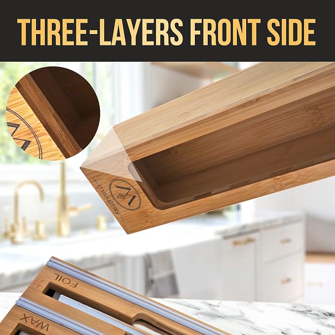 9 in 1 Bamboo Drawer Organizer for Kitchen — Zip Top Bag, Foil and Plastic Wrap Storage with Chalkboard Labels, Fits Gallon Quart Sandwich Snack Bags, Pantry Organization