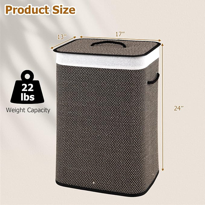 Giantex Bamboo Laundry Hamper with Lid, Removable Liner & Portable Handles | 19 Gal Large Capacity Clothes Hamper, Rectangular Laundry Basket for Bedroom Bathroom Laundry Room, Dark Taupe