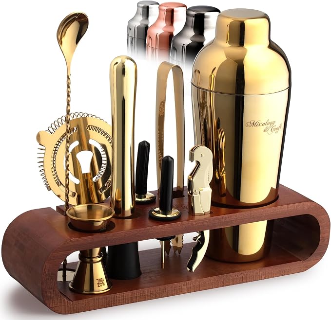 Mixology & Craft Cocktail Shaker Set with Dark Bamboo Stand - Professional 10-Piece Bartender Kit - Complete Bar Set & Cocktail Mixer Kit for Home (Gold)
